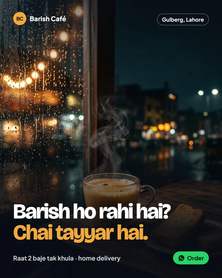 Example Instagram post in Roman Urdu for Barish Café, a made-up business