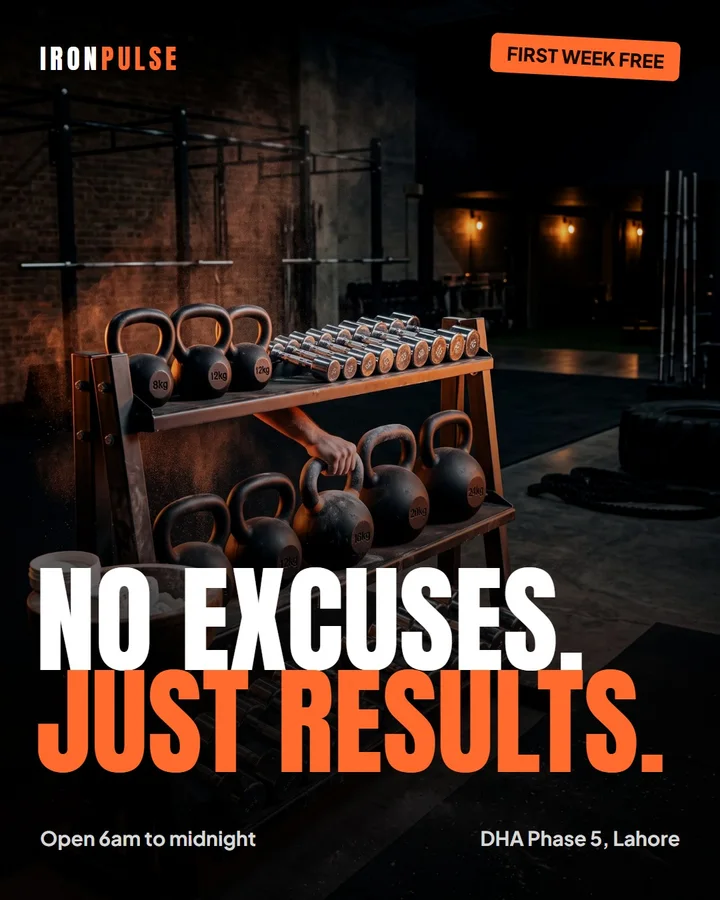 Example Instagram post in English for Iron Pulse, a made-up business