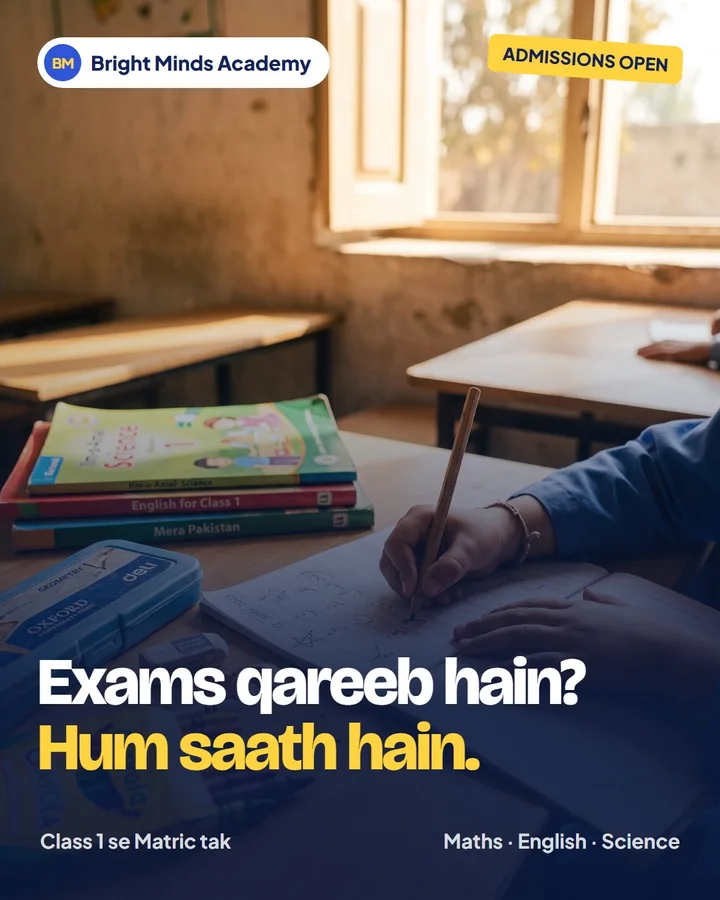 Example Instagram post in Roman Urdu for Bright Minds Academy, a made-up business